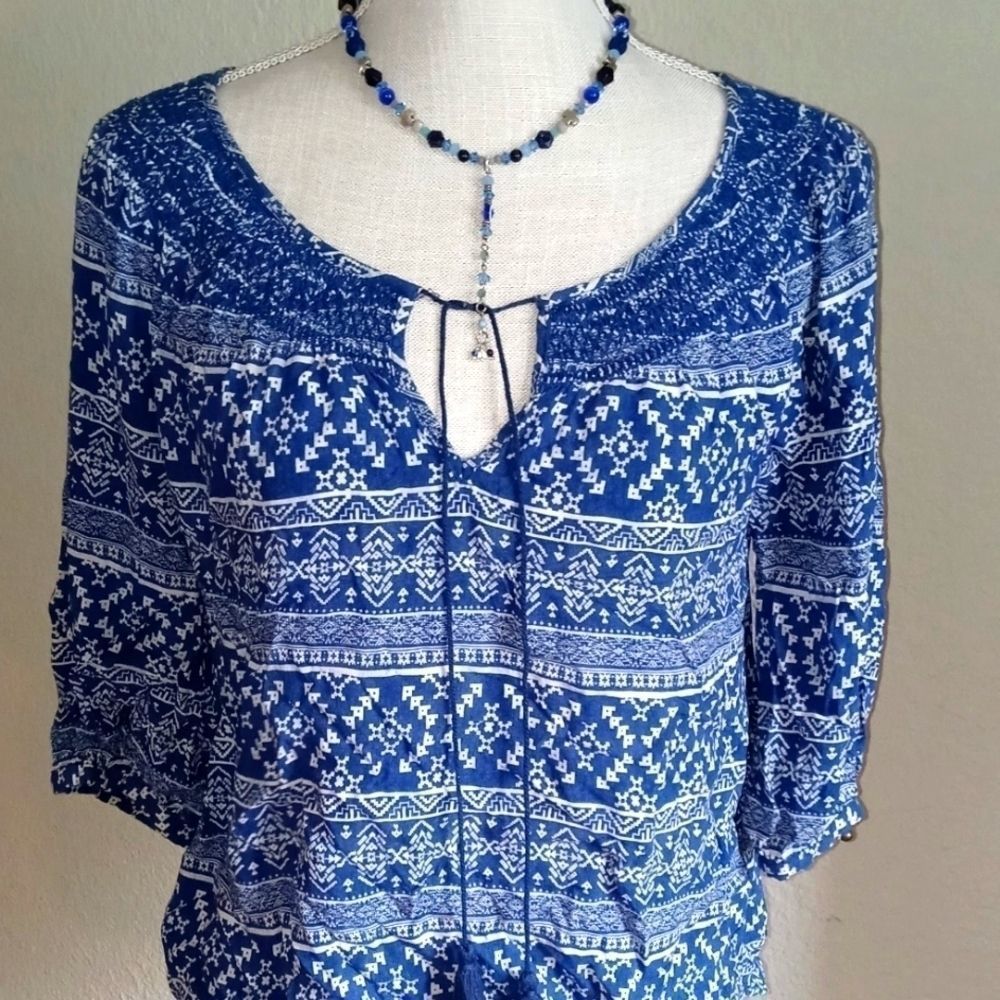 Forever 21 Blue & White Peasant Top